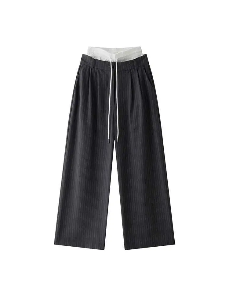 LANMREM Spliced Design Striped Pant For Women High Waist Wide Leg Trousers Office Lady Loose Clothing 2025 Spring New 26C149