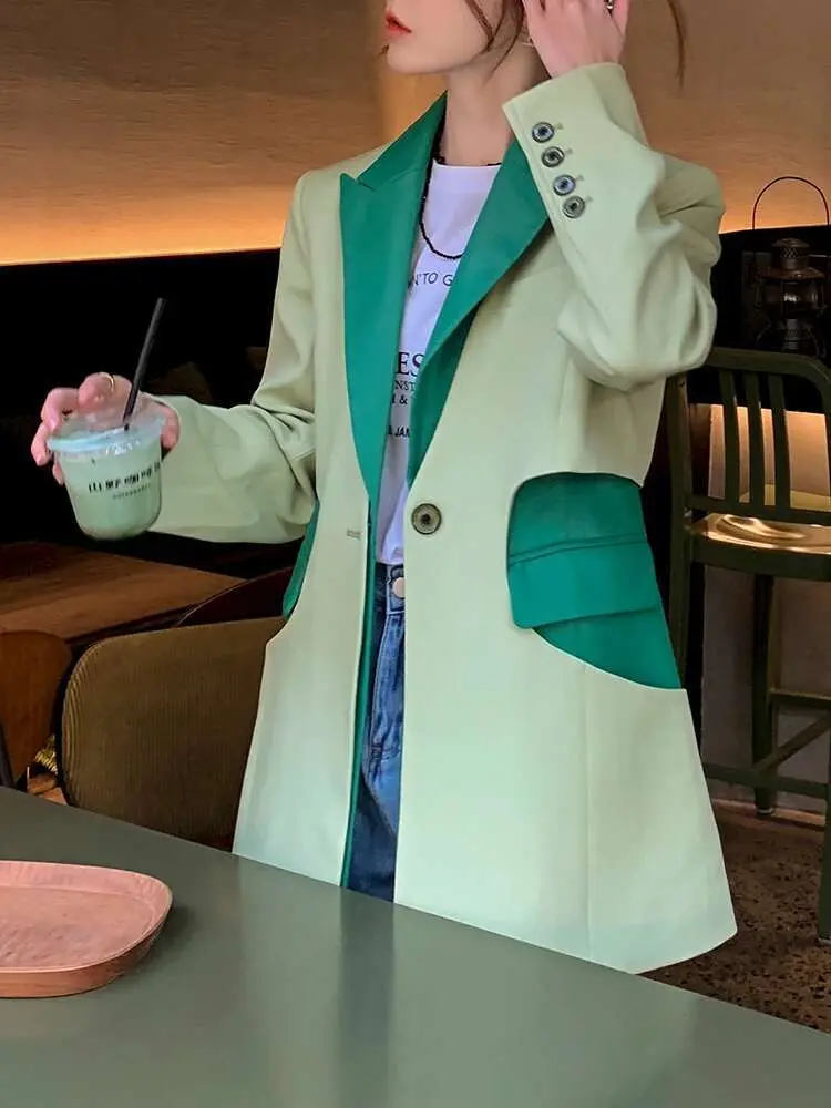 LANMREM Designer Fashion Blazer For Women Leather Spliced Single Button Long Sleeve Tide Female Coat 2025 New 26D1798