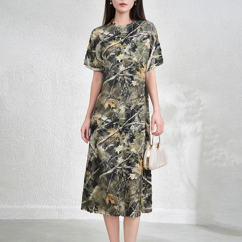 LANMREM Pleated Pritting Chic Women's Midi Dress Elastic Loose Summer New Elegant Fashion Literary Style Printed Dresses 2DB3888