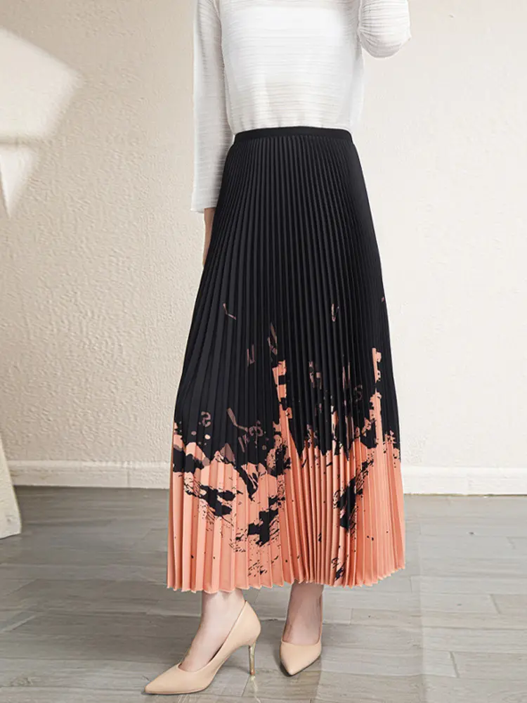 LANMREM Printing Pleated Skirts For Women Color Block Elastic Waist Female Loose Long Elegant Skirt 2025 Spring New 2R9551