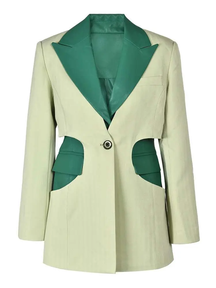 LANMREM Designer Fashion Blazer For Women Leather Spliced Single Button Long Sleeve Tide Female Coat 2025 New 26D1798