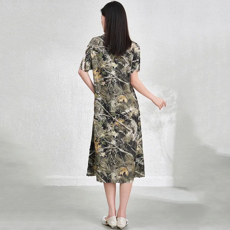 LANMREM Pleated Pritting Chic Women's Midi Dress Elastic Loose Summer New Elegant Fashion Literary Style Printed Dresses 2DB3888
