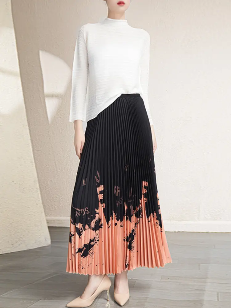 LANMREM Printing Pleated Skirts For Women Color Block Elastic Waist Female Loose Long Elegant Skirt 2025 Spring New 2R9551