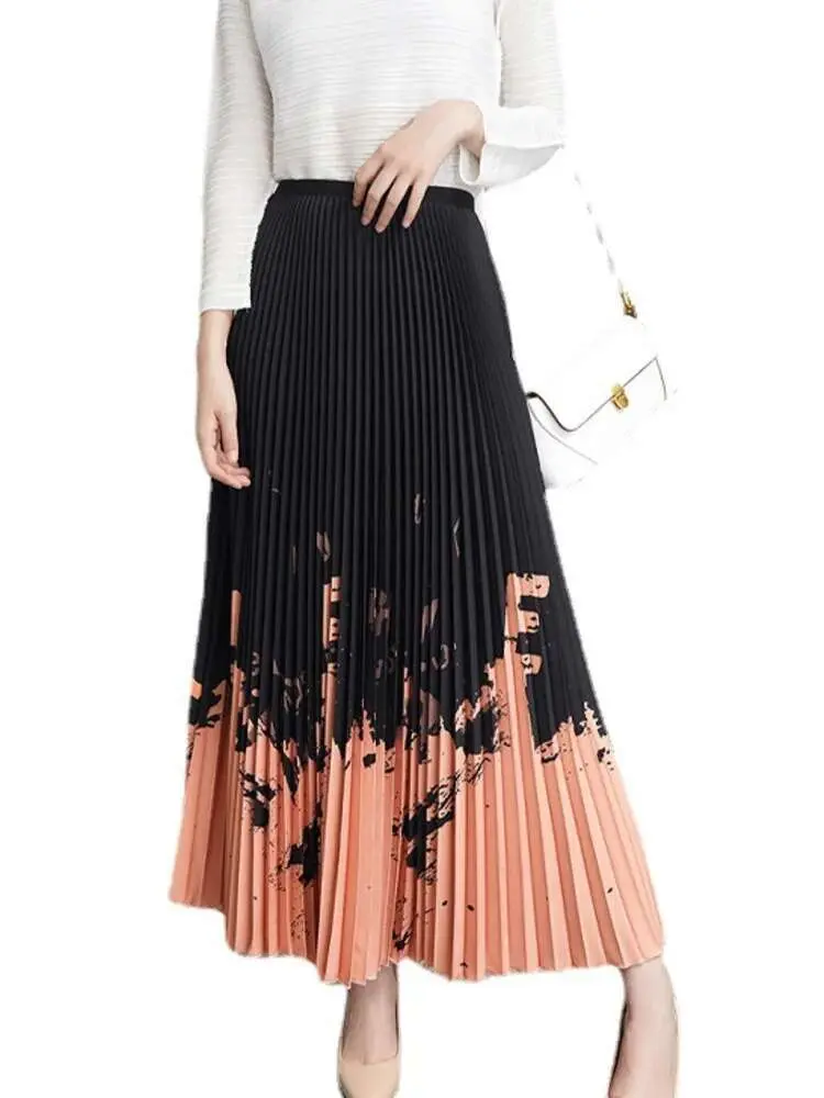 LANMREM Printing Pleated Skirts For Women Color Block Elastic Waist Female Loose Long Elegant Skirt 2025 Spring New 2R9551