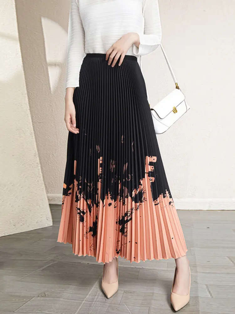 LANMREM Printing Pleated Skirts For Women Color Block Elastic Waist Female Loose Long Elegant Skirt 2025 Spring New 2R9551