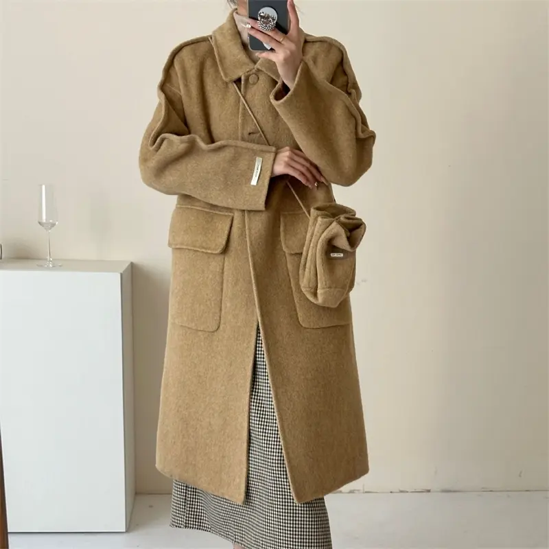 LANMREM Lapel Long Sleeve Single-Breasted Drop Shoulder Women's Wool Coat With Crossbody Bag Loose Koraen Chic Long Coats DB4137