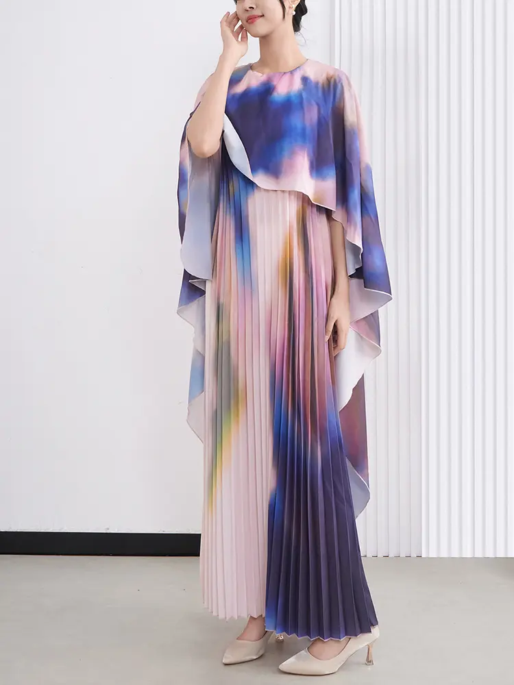 LANMREM Batwing Sleeve Fake Two-Piece Dress For Women Summer New Cape Style Elegant Shawl Long Printing Dresses 2025 New 2DM1028