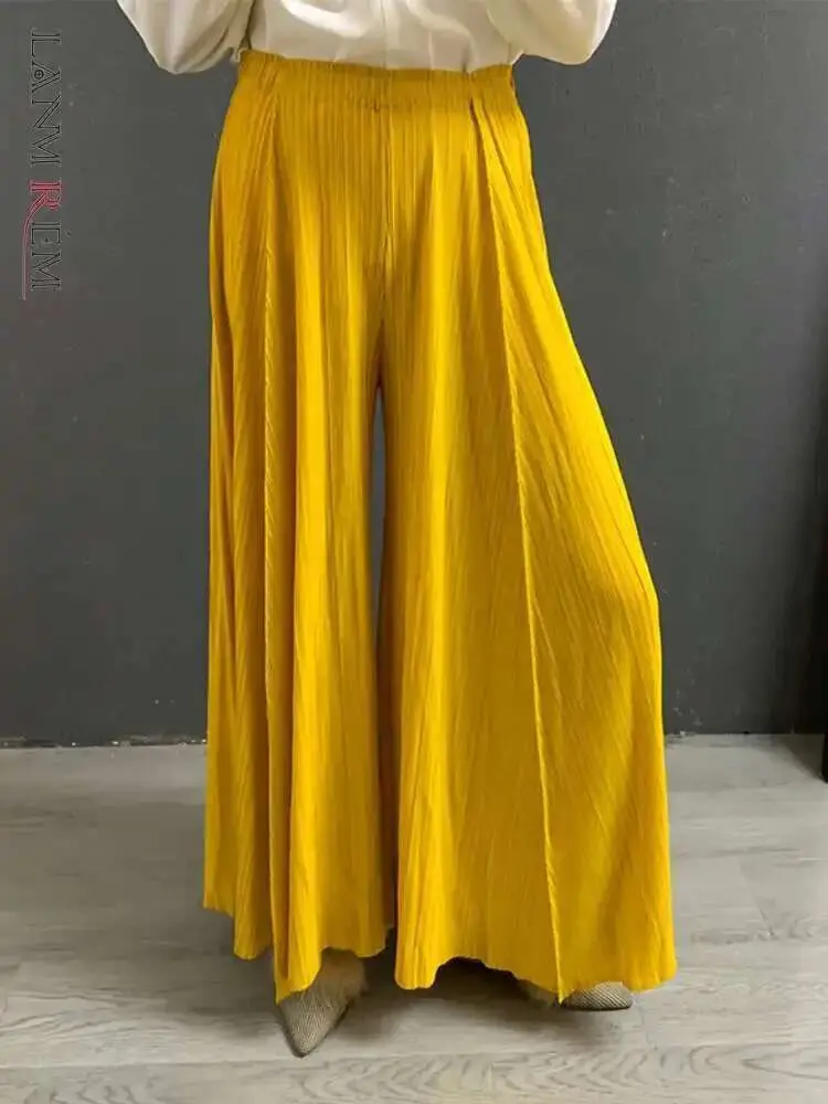 LANMREM Female High Waist Elasticity Pleated Trousers Loose Solid Color Wide Leg Pants Women Casual Clothing Spring New 2W1112