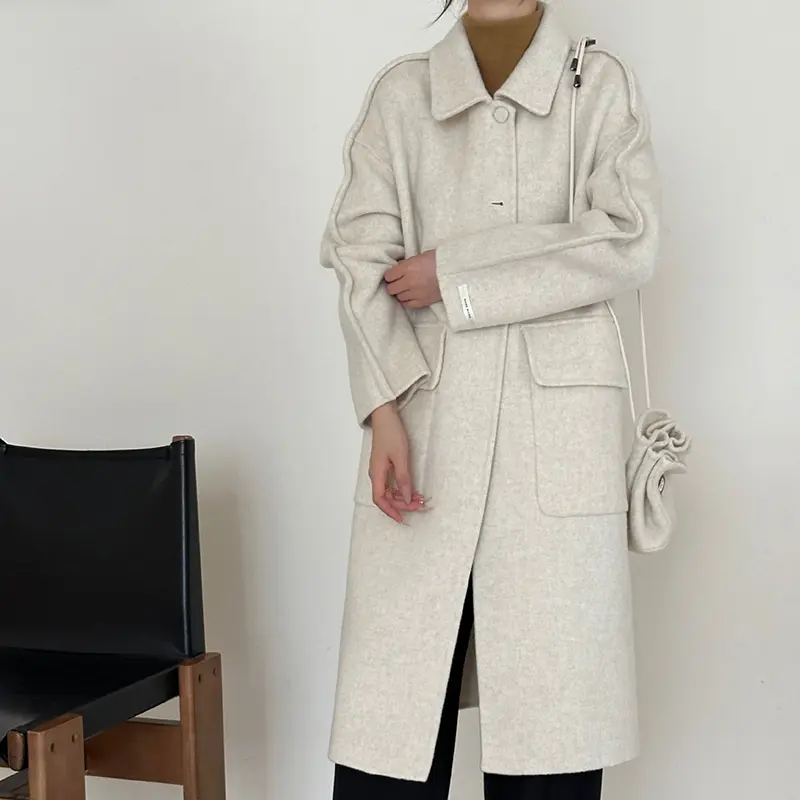 LANMREM Lapel Long Sleeve Single-Breasted Drop Shoulder Women's Wool Coat With Crossbody Bag Loose Koraen Chic Long Coats DB4137