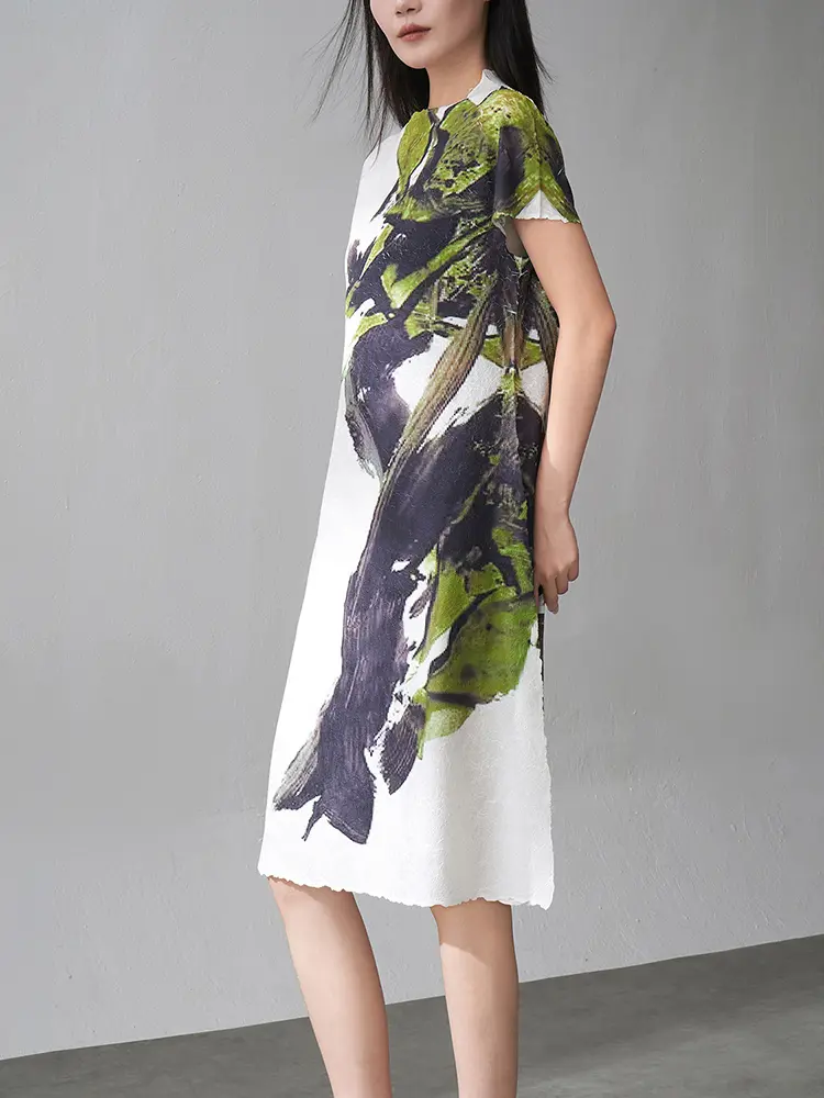 LANMREM Pleated Elegant A-line Dress for Women, New Summer Slimming High-end Loose Fashion Printed Mid-length Short-sleeve Dress