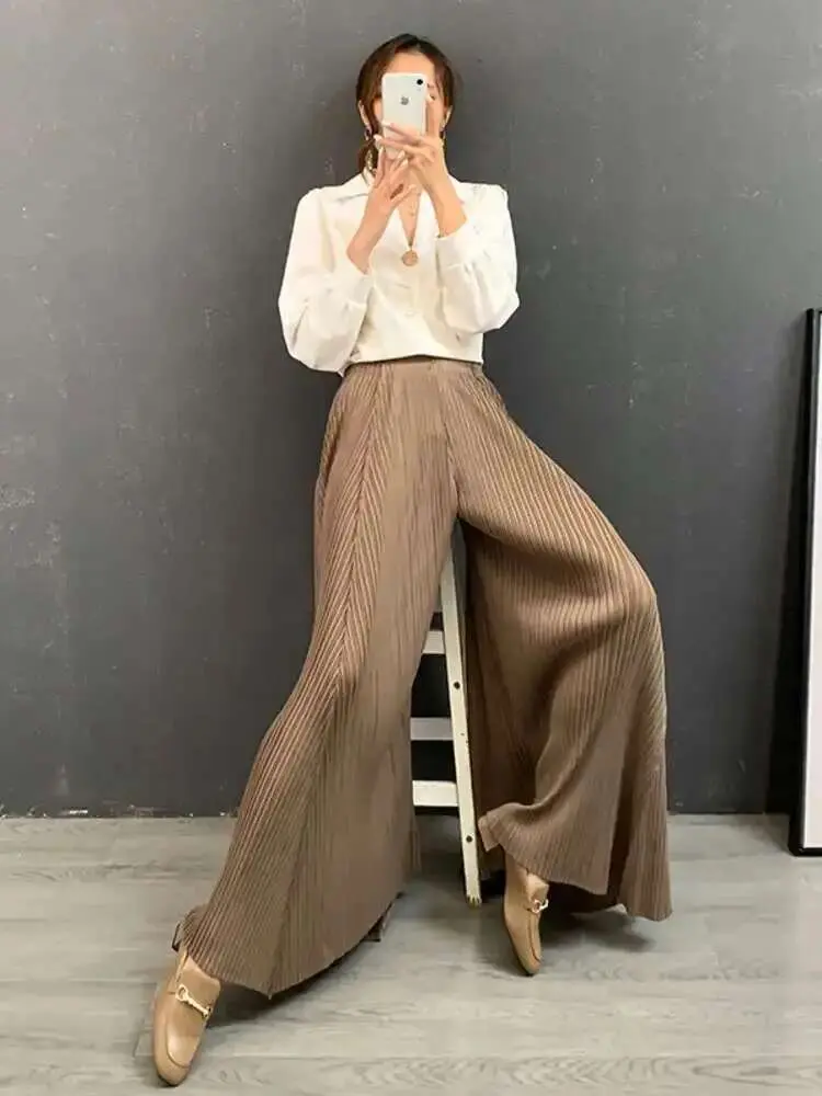 LANMREM Female High Waist Elasticity Pleated Trousers Loose Solid Color Wide Leg Pants Women Casual Clothing Spring New 2W1112