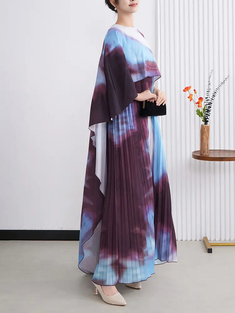 LANMREM Batwing Sleeve Fake Two-Piece Dress For Women Summer New Cape Style Elegant Shawl Long Printing Dresses 2025 New 2DM1028