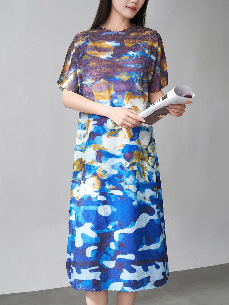 LANMREM Printing Pleated Dress For Women 2025 New Summer Fashion Color Block Short Sleeves Round Neck A-line Dresses 2DM1019