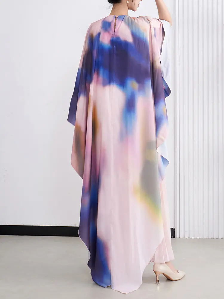LANMREM Batwing Sleeve Fake Two-Piece Dress For Women Summer New Cape Style Elegant Shawl Long Printing Dresses 2025 New 2DM1028