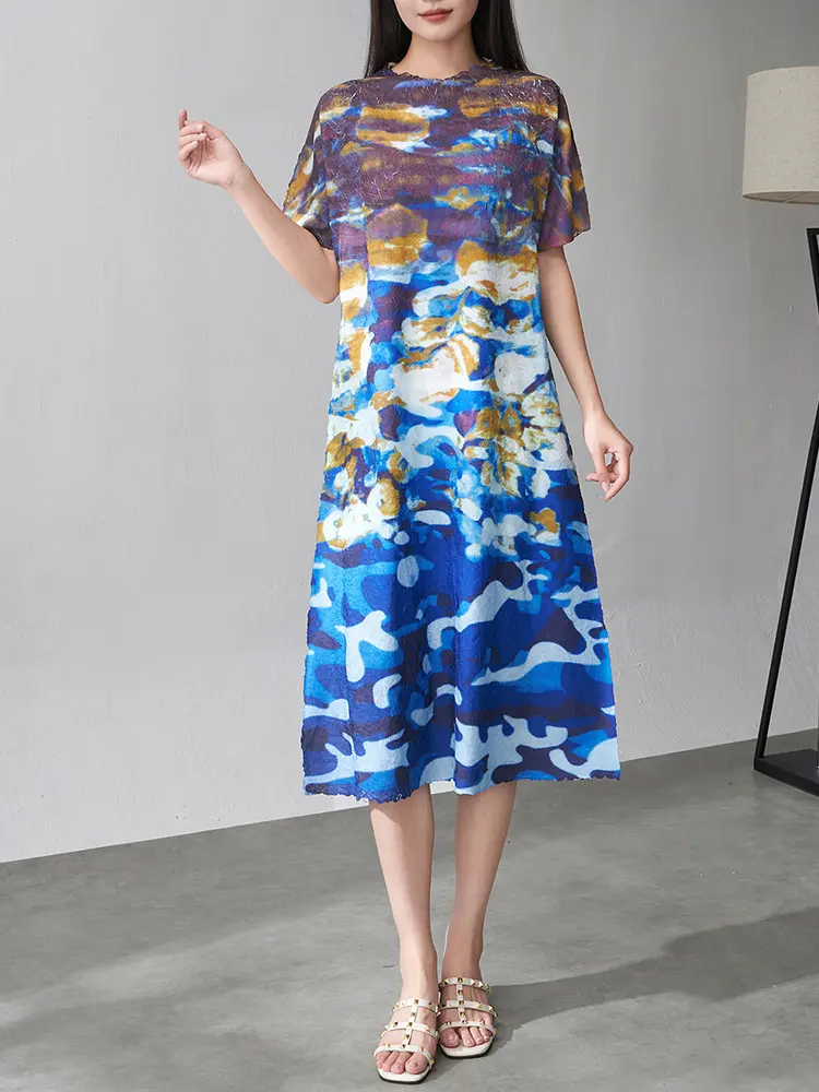 LANMREM Printing Pleated Dress For Women 2025 New Summer Fashion Color Block Short Sleeves Round Neck A-line Dresses 2DM1019