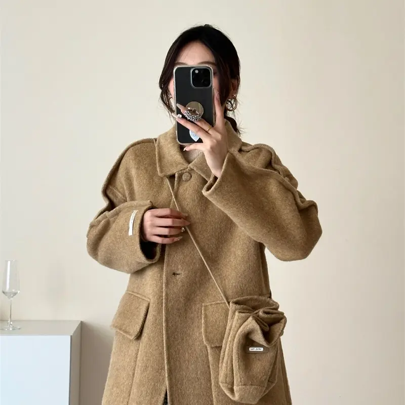 LANMREM Lapel Long Sleeve Single-Breasted Drop Shoulder Women's Wool Coat With Crossbody Bag Loose Koraen Chic Long Coats DB4137