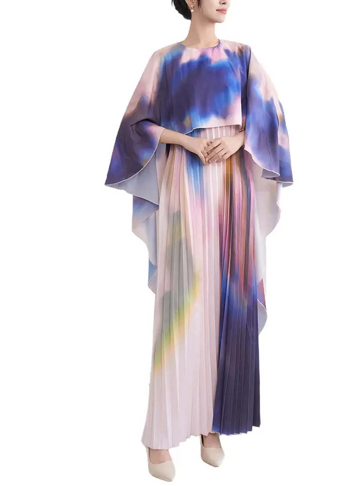 LANMREM Batwing Sleeve Fake Two-Piece Dress For Women Summer New Cape Style Elegant Shawl Long Printing Dresses 2025 New 2DM1028