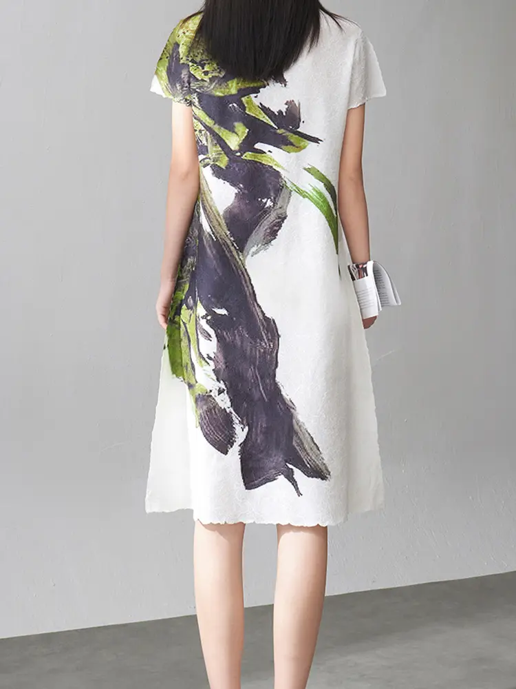 LANMREM Pleated Elegant A-line Dress for Women, New Summer Slimming High-end Loose Fashion Printed Mid-length Short-sleeve Dress
