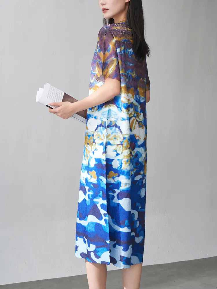 LANMREM Printing Pleated Dress For Women 2025 New Summer Fashion Color Block Short Sleeves Round Neck A-line Dresses 2DM1019