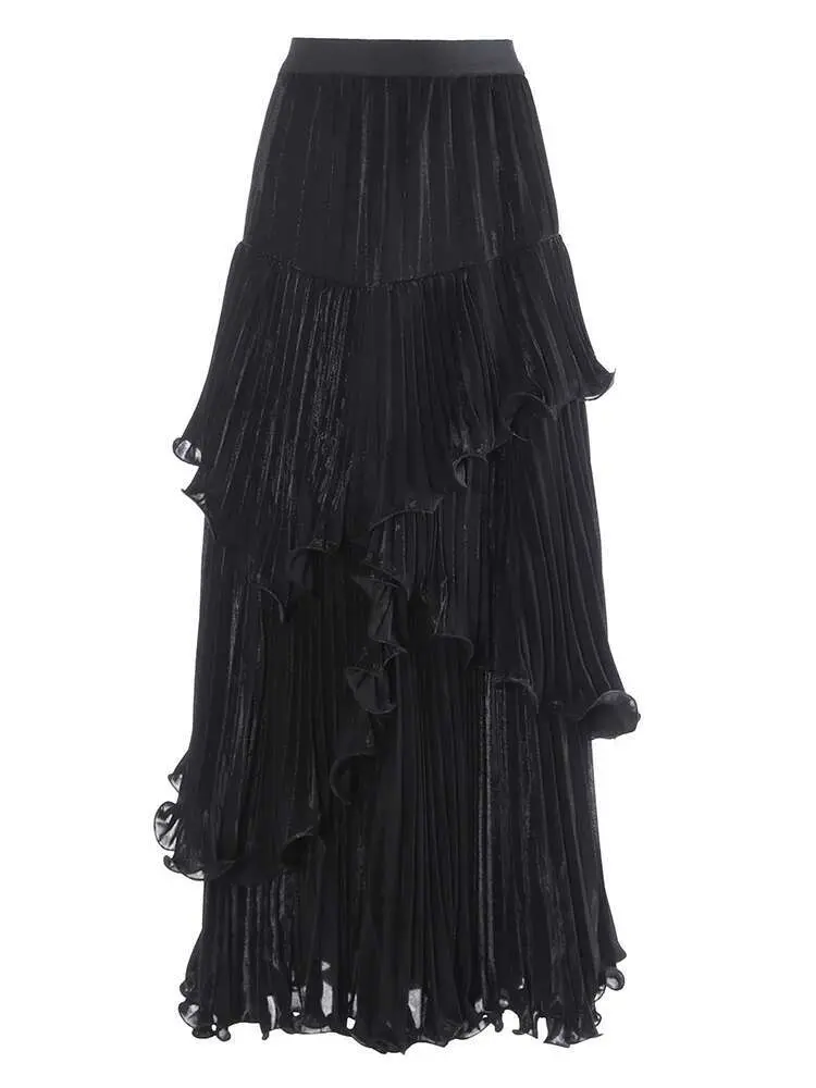 LANMREM Fashion Women's Wave Cut Irregular Pleated Skirt Gathered Waist Solid Irregular Long Style Party Clothing New 2DC1102