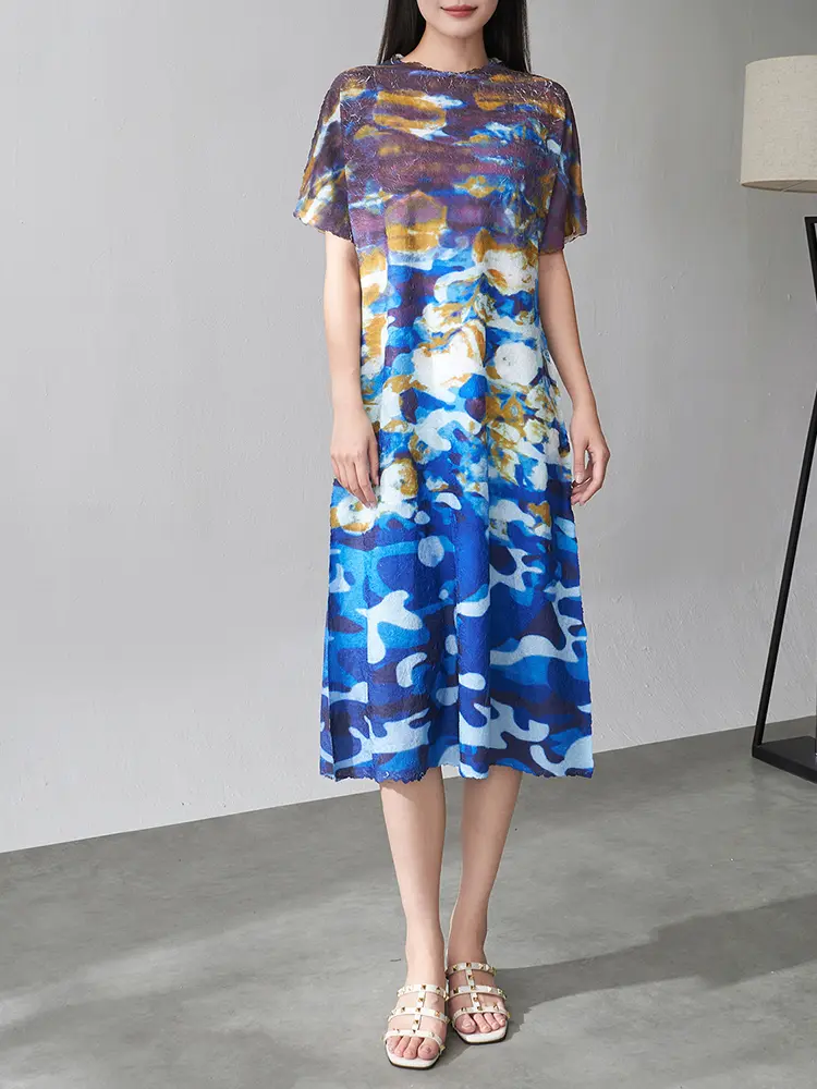 LANMREM Printing Pleated Dress For Women 2025 New Summer Fashion Color Block Short Sleeves Round Neck A-line Dresses 2DM1019