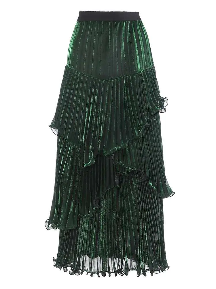 LANMREM Fashion Women's Wave Cut Irregular Pleated Skirt Gathered Waist Solid Irregular Long Style Party Clothing New 2DC1102
