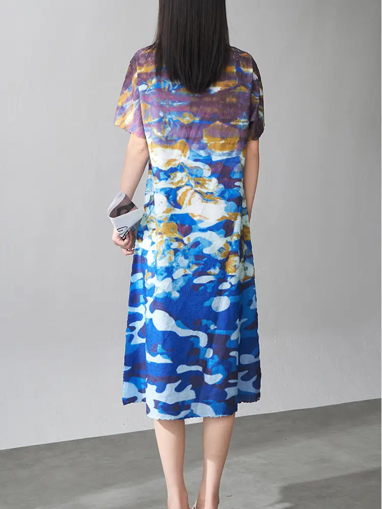 LANMREM Printing Pleated Dress For Women 2025 New Summer Fashion Color Block Short Sleeves Round Neck A-line Dresses 2DM1019