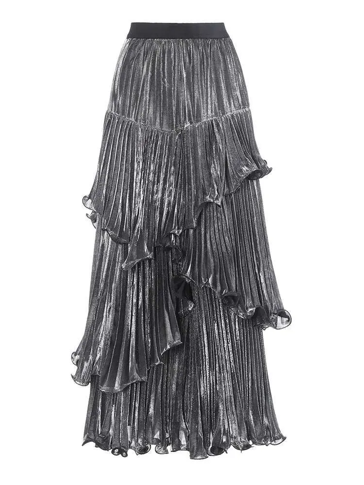 LANMREM Fashion Women's Wave Cut Irregular Pleated Skirt Gathered Waist Solid Irregular Long Style Party Clothing New 2DC1102