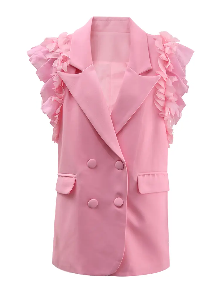 LANMREM Ruffles Vest Coat For Women Notched Collar Double Breasted Solid Color Office Lady Chic Coats 2025 Spring New CP2A0025