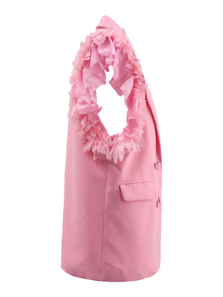 LANMREM Ruffles Vest Coat For Women Notched Collar Double Breasted Solid Color Office Lady Chic Coats 2025 Spring New CP2A0025