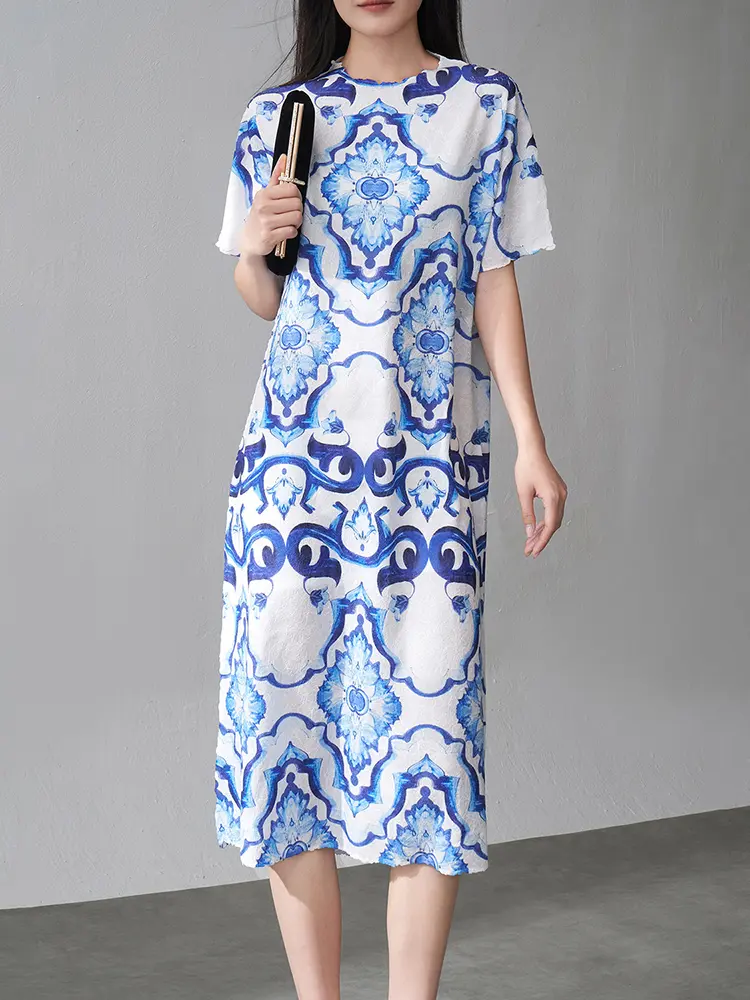 LANMREM Chinese Style Blue And White Color Block Print Pleated Dress Women Summer New Loose Mid-Length A-Line Dresses 2DM1016