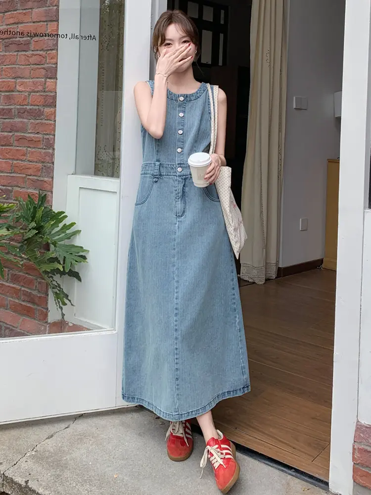 LANMREM Sleeveless Denim Dress For Women 2025 Summer New Long Length Blue Color Female Casual Streetwear Clothing 2DM1040