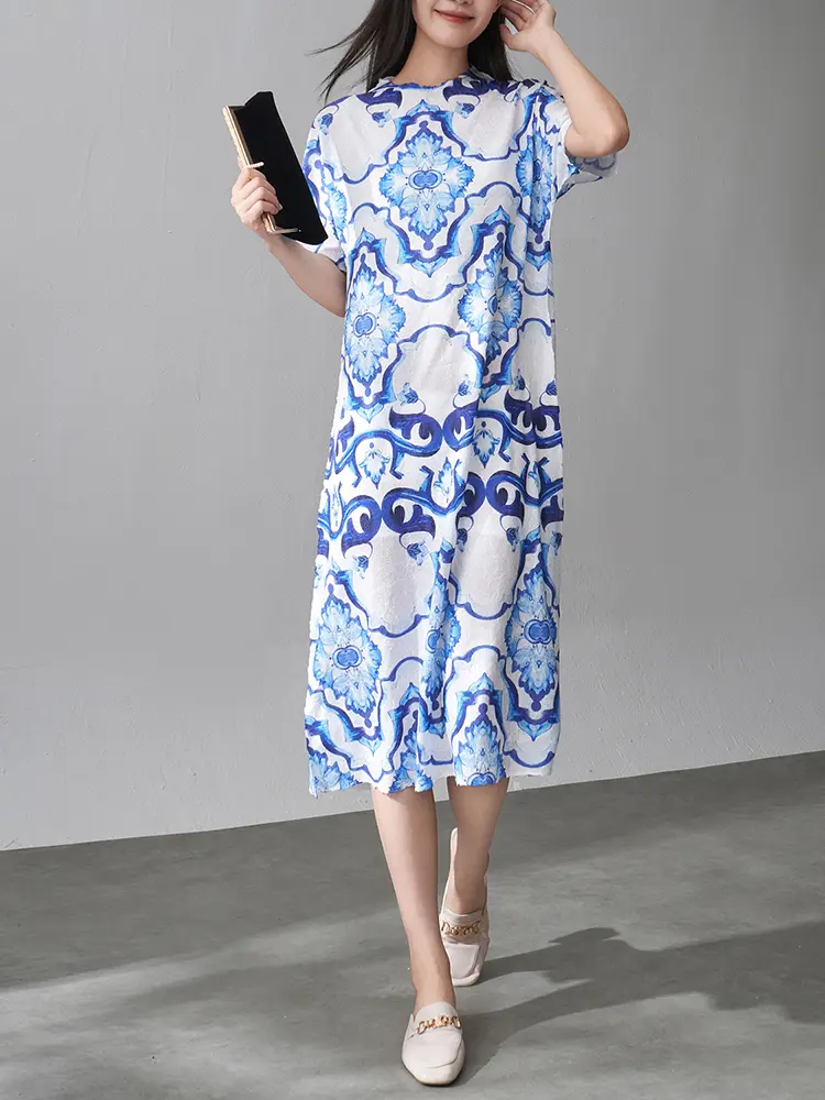 LANMREM Chinese Style Blue And White Color Block Print Pleated Dress Women Summer New Loose Mid-Length A-Line Dresses 2DM1016