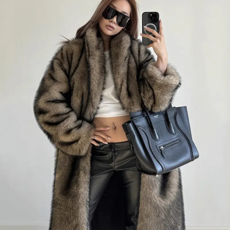 LANMREM Camel Women's Faux Fur Coat Winter Warm Chic Casual Single Breasted Lapel Long Sleeve Loose Big Size Thick Cloth 2DB3880