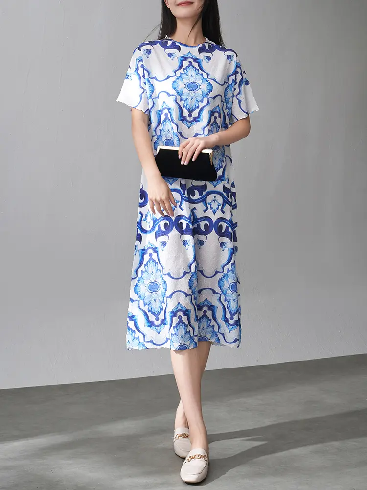 LANMREM Chinese Style Blue And White Color Block Print Pleated Dress Women Summer New Loose Mid-Length A-Line Dresses 2DM1016
