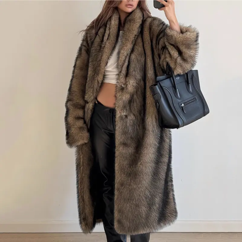 LANMREM Camel Women's Faux Fur Coat Winter Warm Chic Casual Single Breasted Lapel Long Sleeve Loose Big Size Thick Cloth 2DB3880