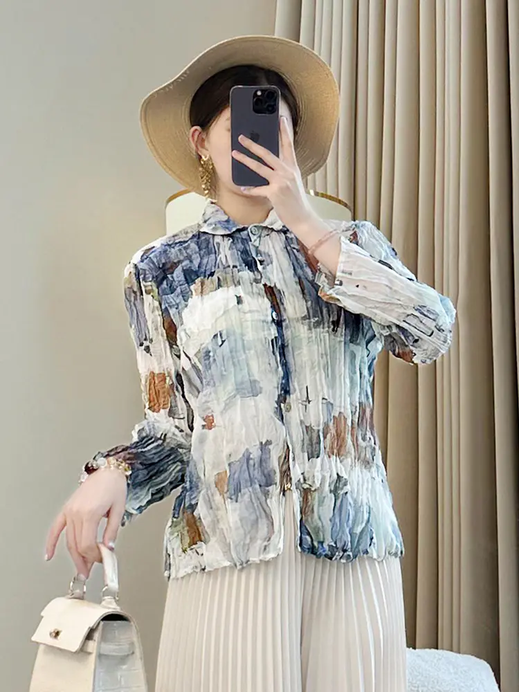 LANMREM Summer Lightiweight Pleated Women's Shirt 2025 New Lapel Single Breasted Elastic Slim Long Sleeve Blouse Tops 2DB3431