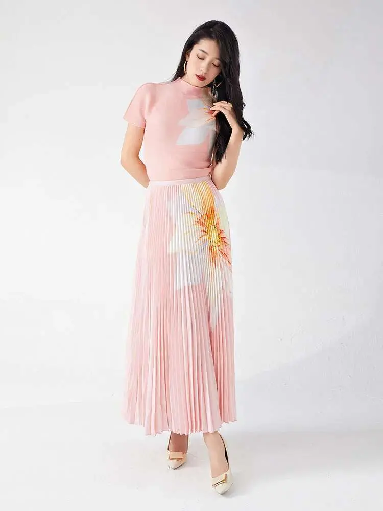 LANMREM Fashion Pleated Two-piece Set Women Turtleneck Short Sleeves With Elastic Waist Skirt 2024 Summer New Clothing 2Z1901