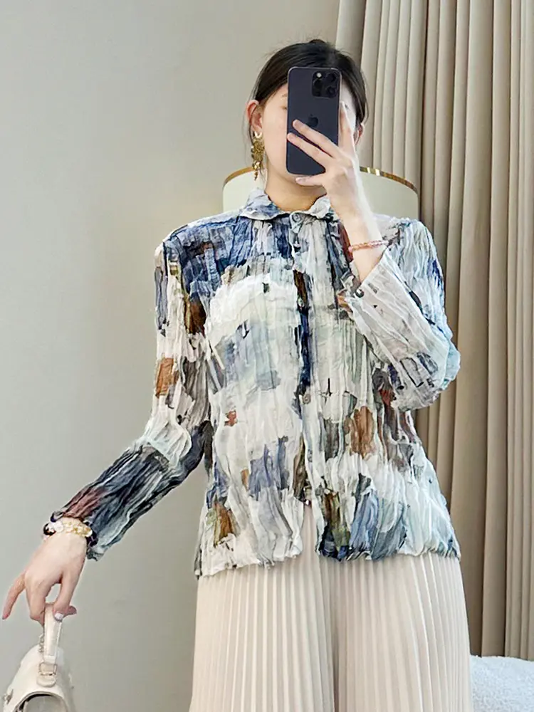 LANMREM Summer Lightiweight Pleated Women's Shirt 2025 New Lapel Single Breasted Elastic Slim Long Sleeve Blouse Tops 2DB3431