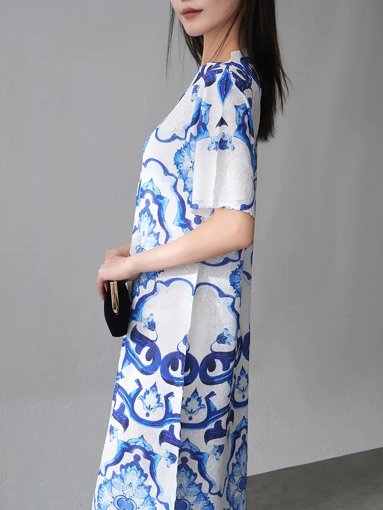 LANMREM Chinese Style Blue And White Color Block Print Pleated Dress Women Summer New Loose Mid-Length A-Line Dresses 2DM1016