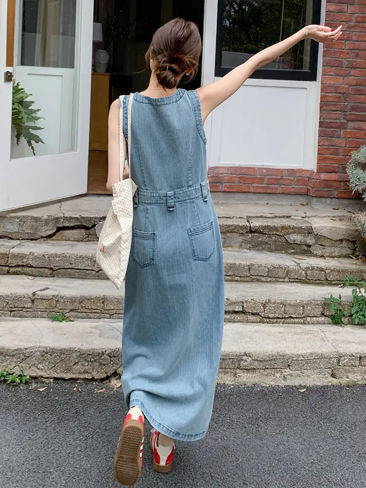 LANMREM Sleeveless Denim Dress For Women 2025 Summer New Long Length Blue Color Female Casual Streetwear Clothing 2DM1040