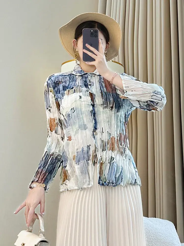 LANMREM Summer Lightiweight Pleated Women's Shirt 2025 New Lapel Single Breasted Elastic Slim Long Sleeve Blouse Tops 2DB3431