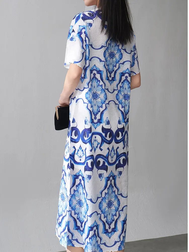 LANMREM Chinese Style Blue And White Color Block Print Pleated Dress Women Summer New Loose Mid-Length A-Line Dresses 2DM1016