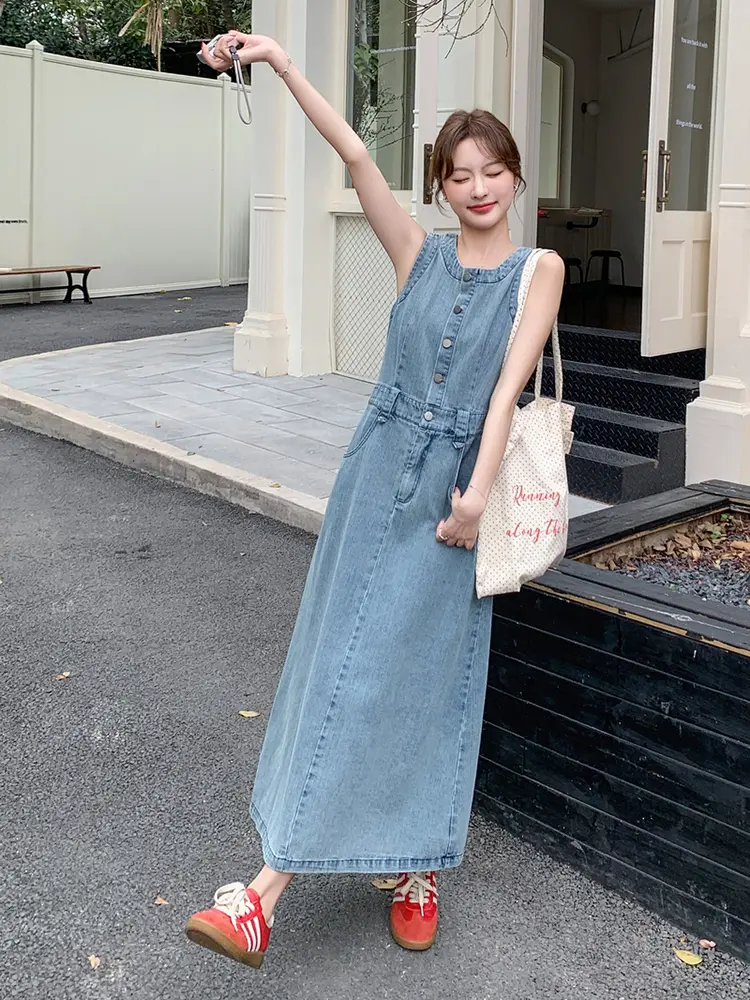 LANMREM Sleeveless Denim Dress For Women 2025 Summer New Long Length Blue Color Female Casual Streetwear Clothing 2DM1040