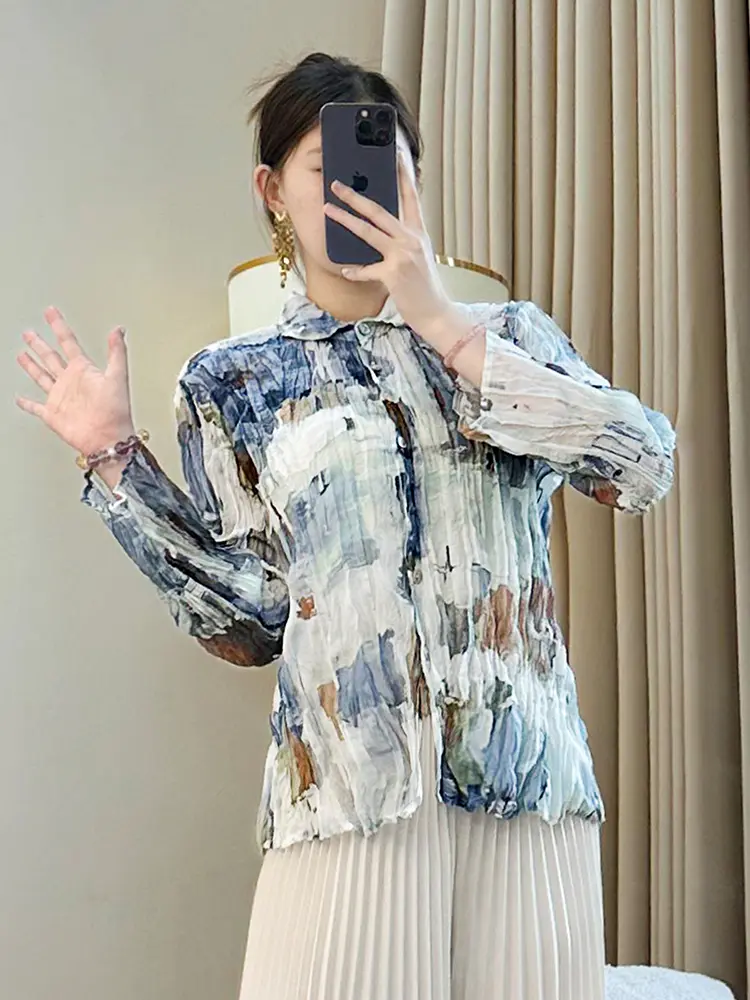 LANMREM Summer Lightiweight Pleated Women's Shirt 2025 New Lapel Single Breasted Elastic Slim Long Sleeve Blouse Tops 2DB3431
