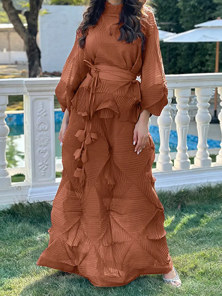 LANMREM 2 Pieces Sets For Women Handmade Pleated Bandage Shirt Top+long Length Fold Skirt Female Luxury Clothing 2DB2423