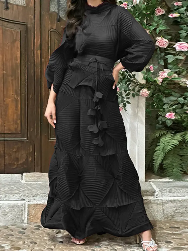 LANMREM 2 Pieces Sets For Women Handmade Pleated Bandage Shirt Top+long Length Fold Skirt Female Luxury Clothing 2DB2423