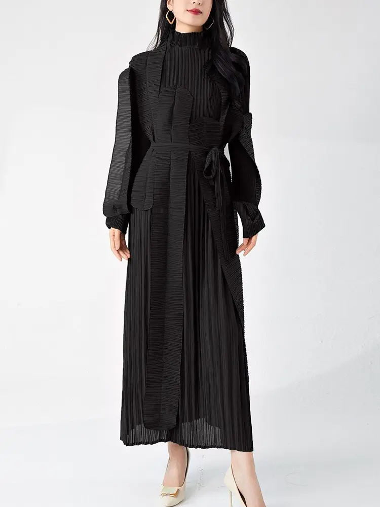 LANMREM Pleated Women's Irregular Patchwork Design Dresses High-end Loose Trendy Bandage Long Sleeve Stand Collar Dress 2DB3395