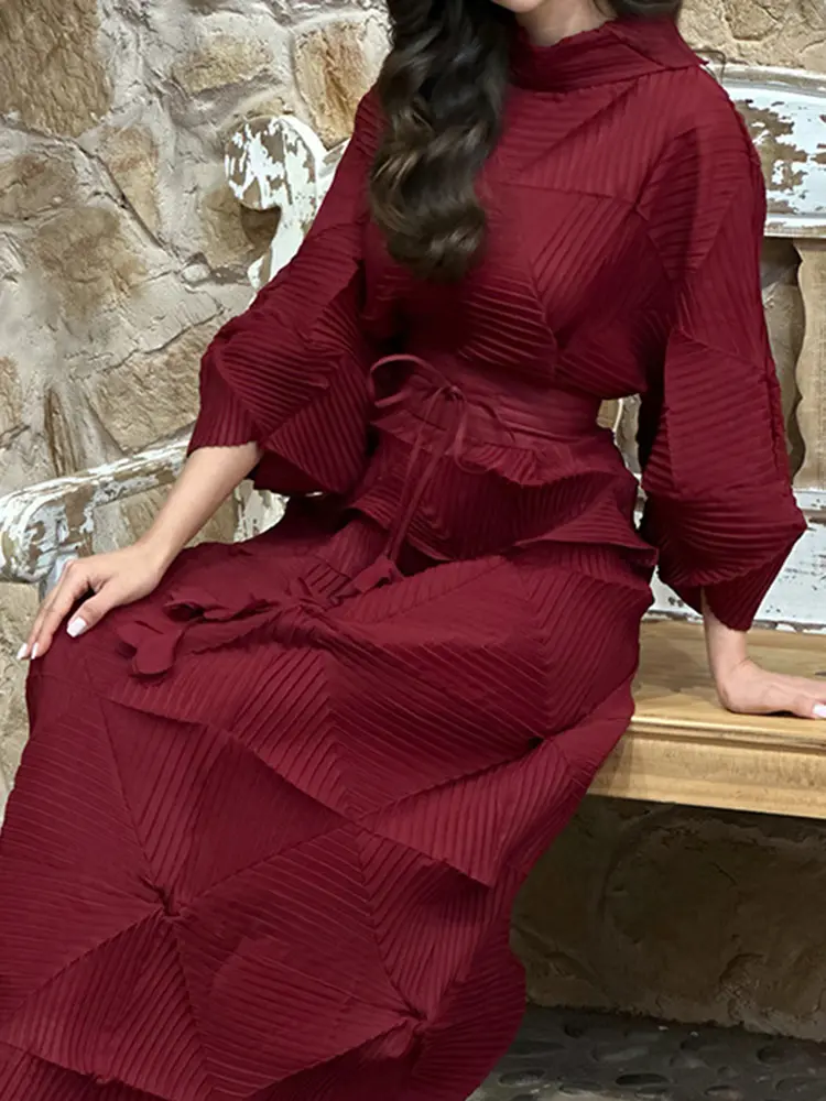 LANMREM 2 Pieces Sets For Women Handmade Pleated Bandage Shirt Top+long Length Fold Skirt Female Luxury Clothing 2DB2423