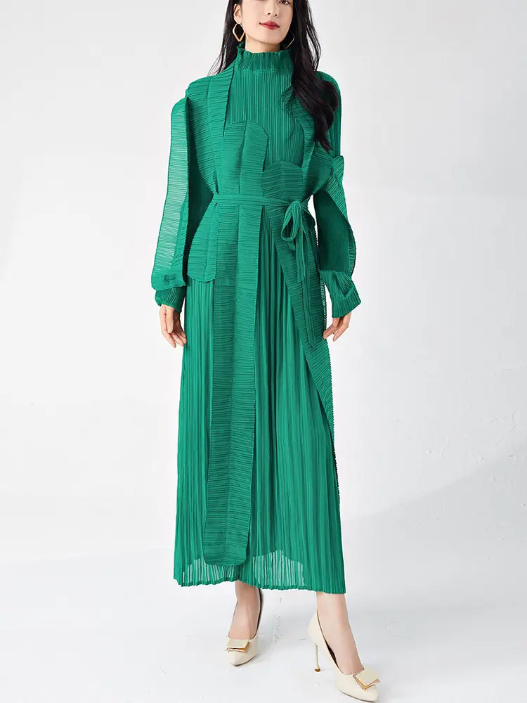 LANMREM Pleated Women's Irregular Patchwork Design Dresses High-end Loose Trendy Bandage Long Sleeve Stand Collar Dress 2DB3395